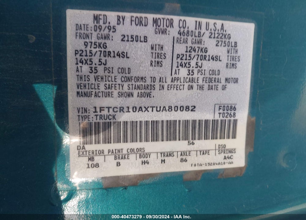 1996 FORD RANGER VIN: 1FTCR10AXTUA80082