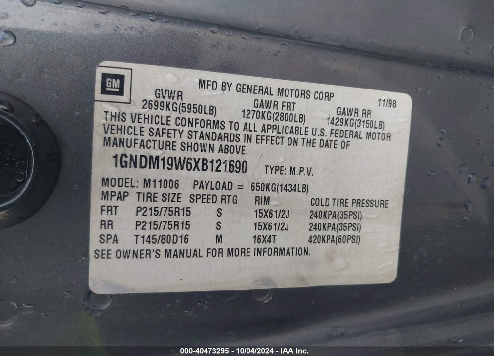 1999 CHEVROLET ASTRO VIN: 1GNDM19W6XB121690