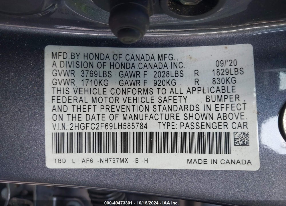 2020 HONDA CIVIC LX VIN: 2HGFC2F69LH585784