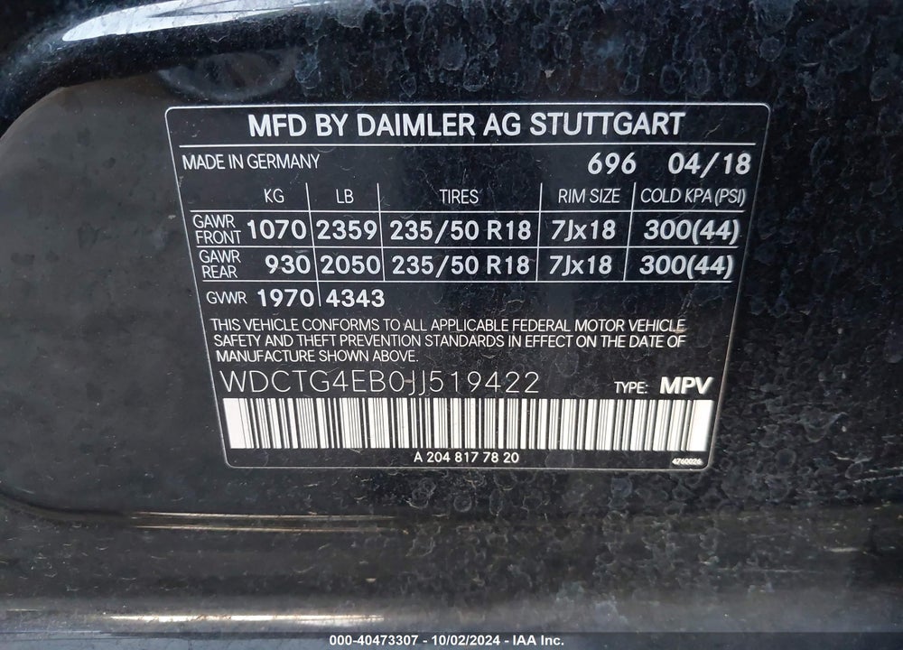 2018 MERCEDES-BENZ GLA 250 VIN: WDCTG4EB0JJ519422
