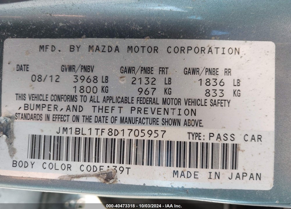 2013 MAZDA 3 I SV VIN: JM1BL1TF8D1705957