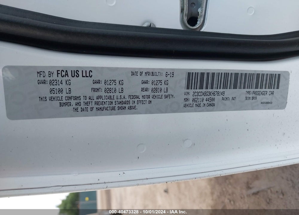 2019 DODGE CHARGER SXT RWD VIN: 2C3CDXBG3KH678149