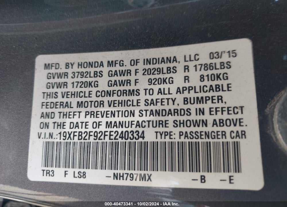 2015 HONDA CIVIC EX-L VIN: 19XFB2F92FE240334