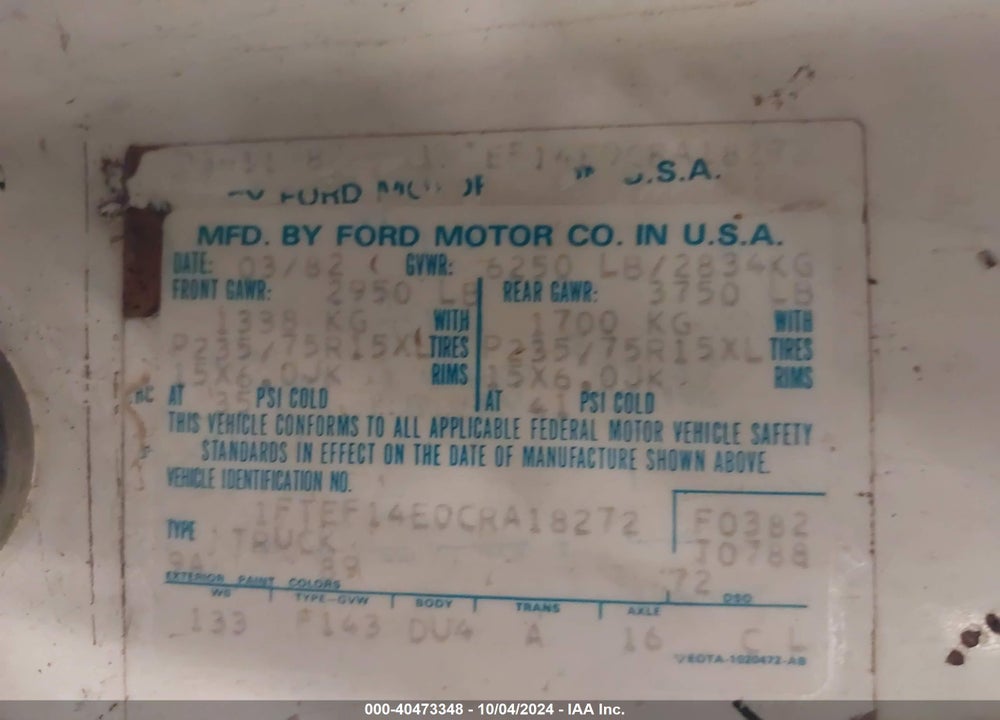 1982 FORD F150 VIN: 1FTEF14E0CRA18272