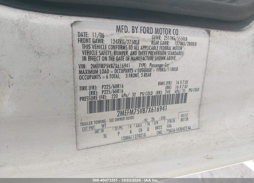 2007 MERCURY GRAND MARQUIS LS VIN: 2MEFM75V87X616941