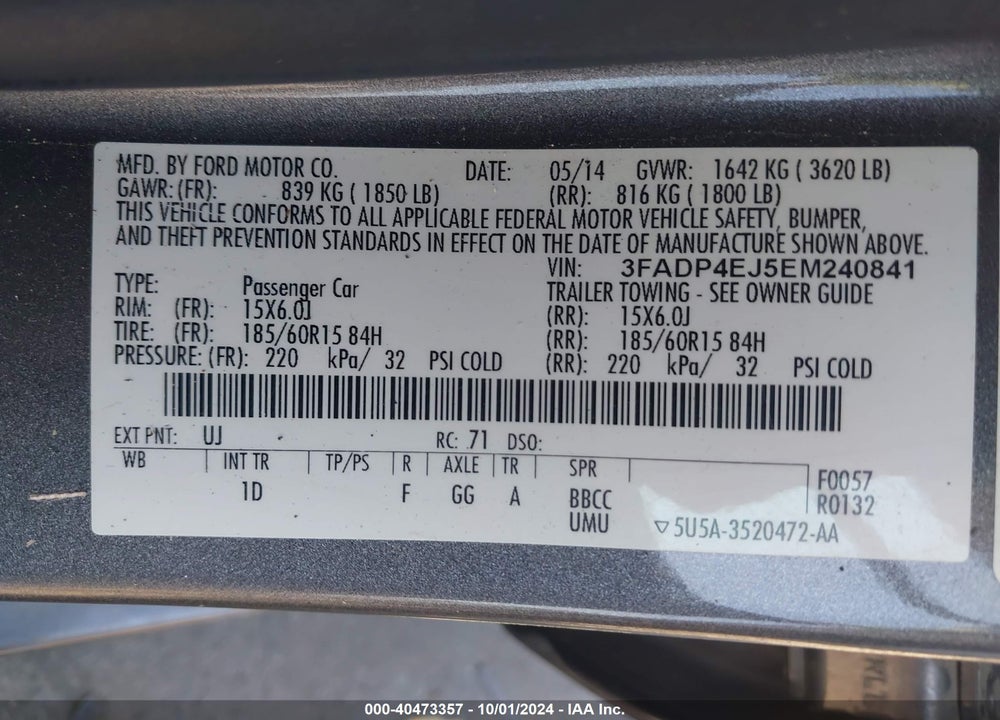 2014 FORD FIESTA SE VIN: 3FADP4EJ5EM240841