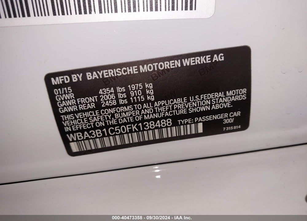 2015 BMW 320I VIN: WBA3B1C50FK138488