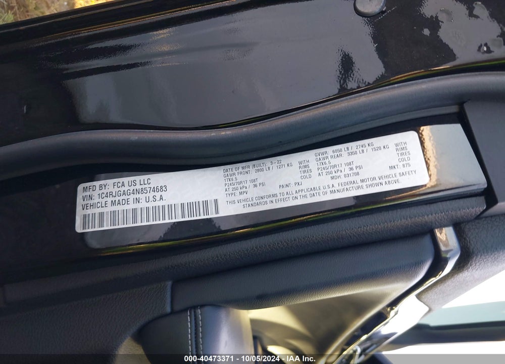 2022 JEEP GRAND CHEROKEE LAREDO 4X2 VIN: 1C4RJGAG4N8574683