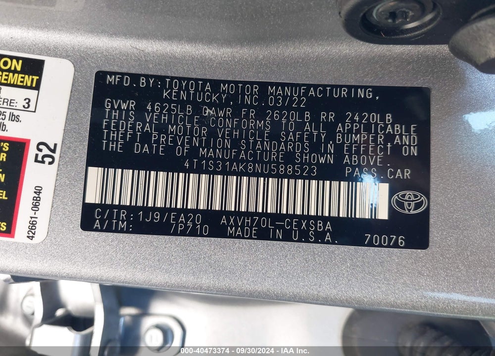 2022 TOYOTA CAMRY SE HYBRID VIN: 4T1S31AK8NU588523