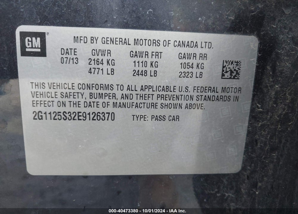 2014 CHEVROLET IMPALA 2LT VIN: 2G1125S32E9126370