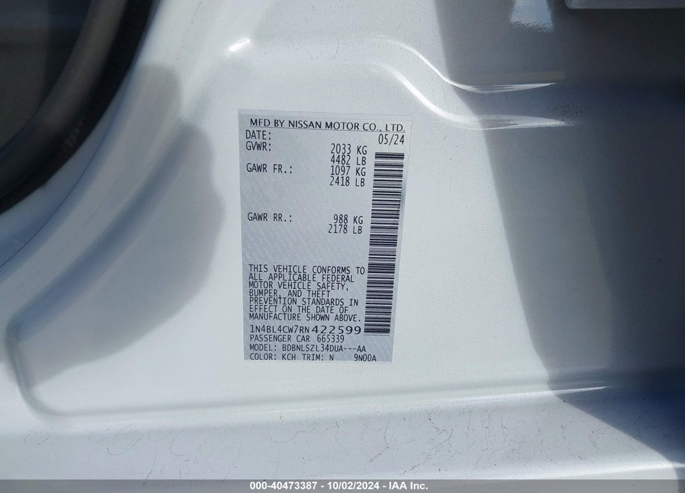 2024 NISSAN ALTIMA SR INTELLIGENT AWD VIN: 1N4BL4CW7RN422599