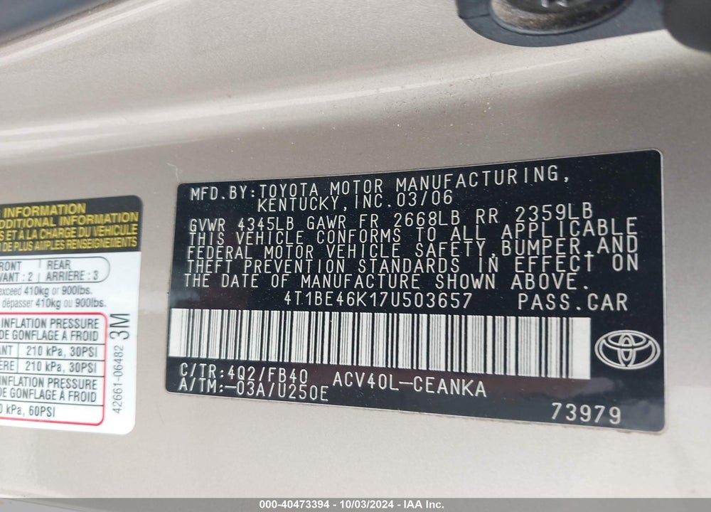 2007 TOYOTA CAMRY LE VIN: 4T1BE46K17U503657