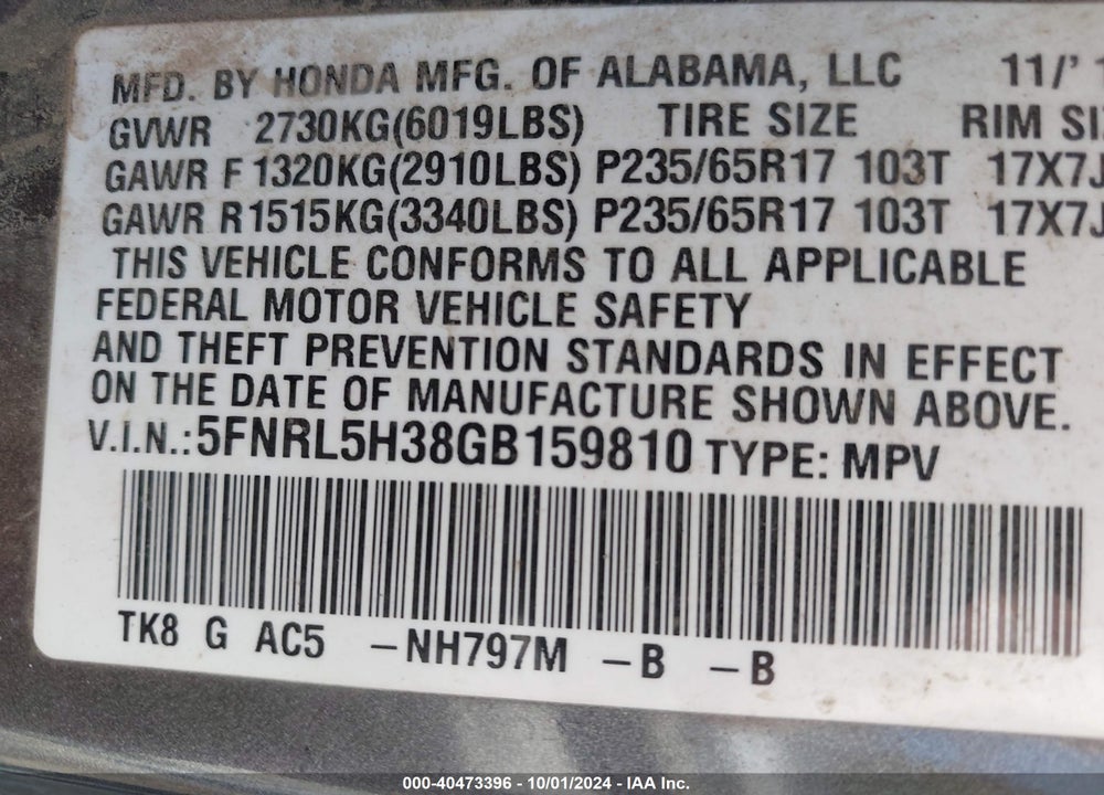 2016 HONDA ODYSSEY SE VIN: 5FNRL5H38GB159810