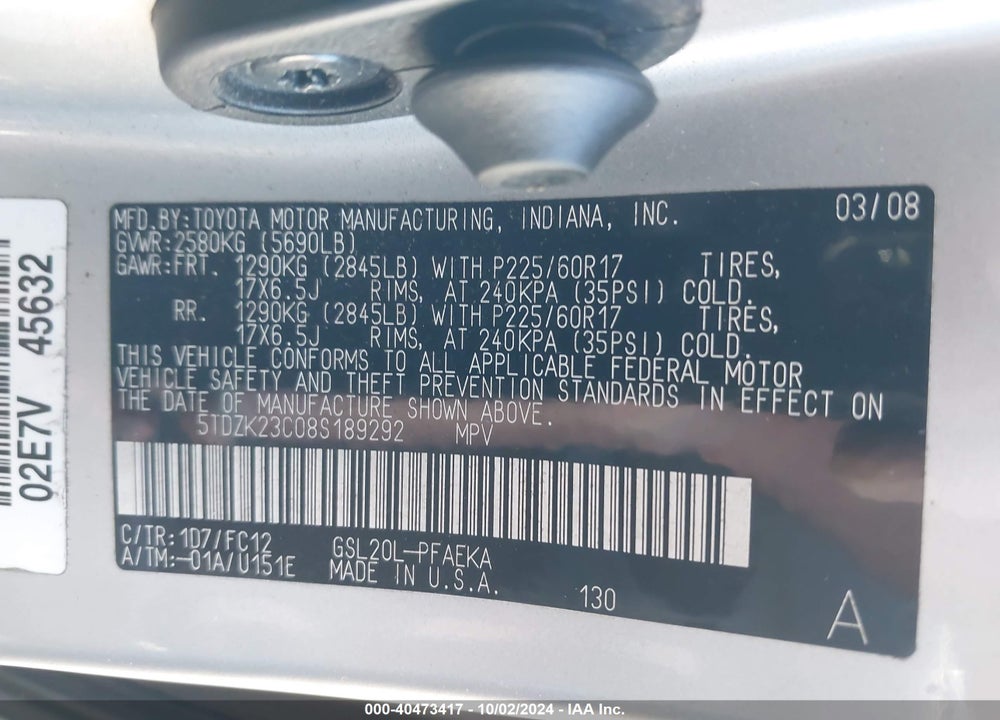 2008 TOYOTA SIENNA LE VIN: 5TDZK23C08S189292