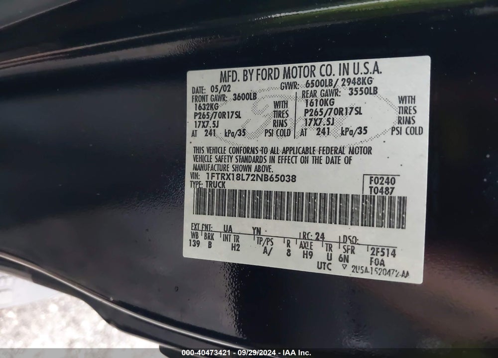 2002 FORD F-150 LARIAT/XL/XLT VIN: 1FTRX18L72NB65038