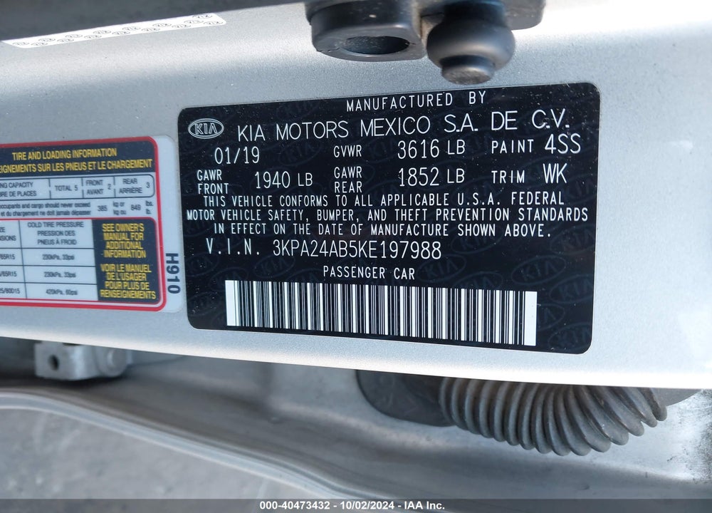 2019 KIA RIO S VIN: 3KPA24AB5KE197988