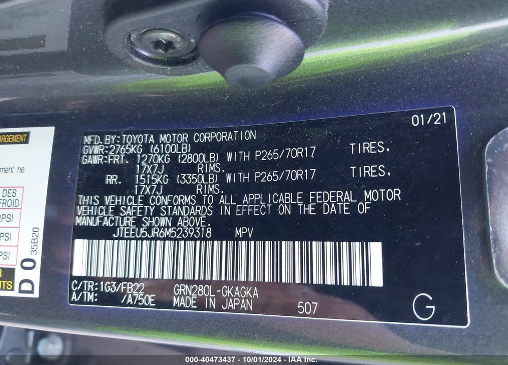 2021 TOYOTA 4RUNNER SR5 VIN: JTEEU5JR6M5239318