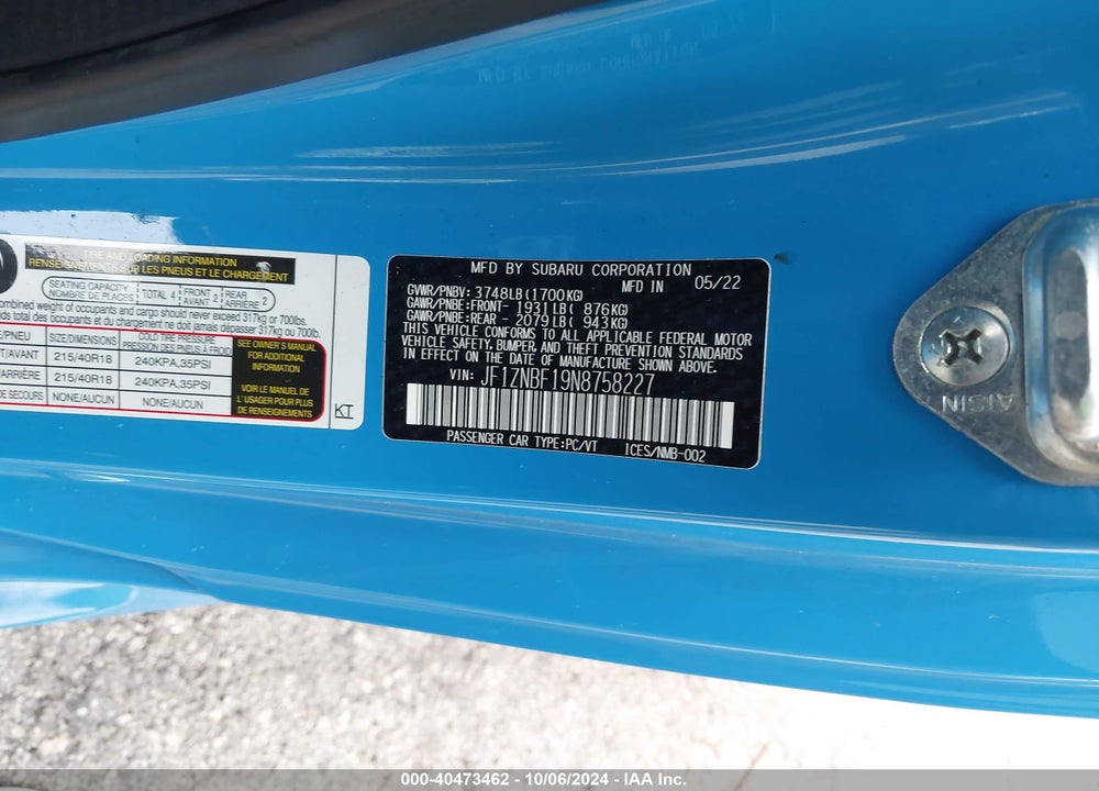 2022 TOYOTA GR86 PREMIUM VIN: JF1ZNBF19N8758227