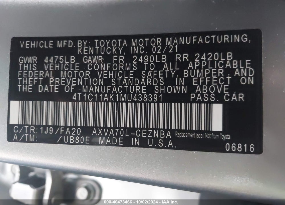 2021 TOYOTA CAMRY LE VIN: 4T1C11AK1MU438391