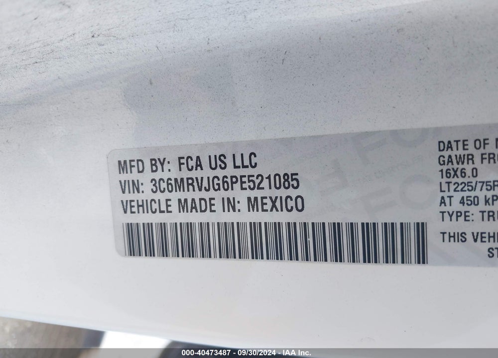 2023 RAM PROMASTER 3500 CARGO VAN HIGH ROOF 159 WB EXT VIN: 3C6MRVJG6PE521085