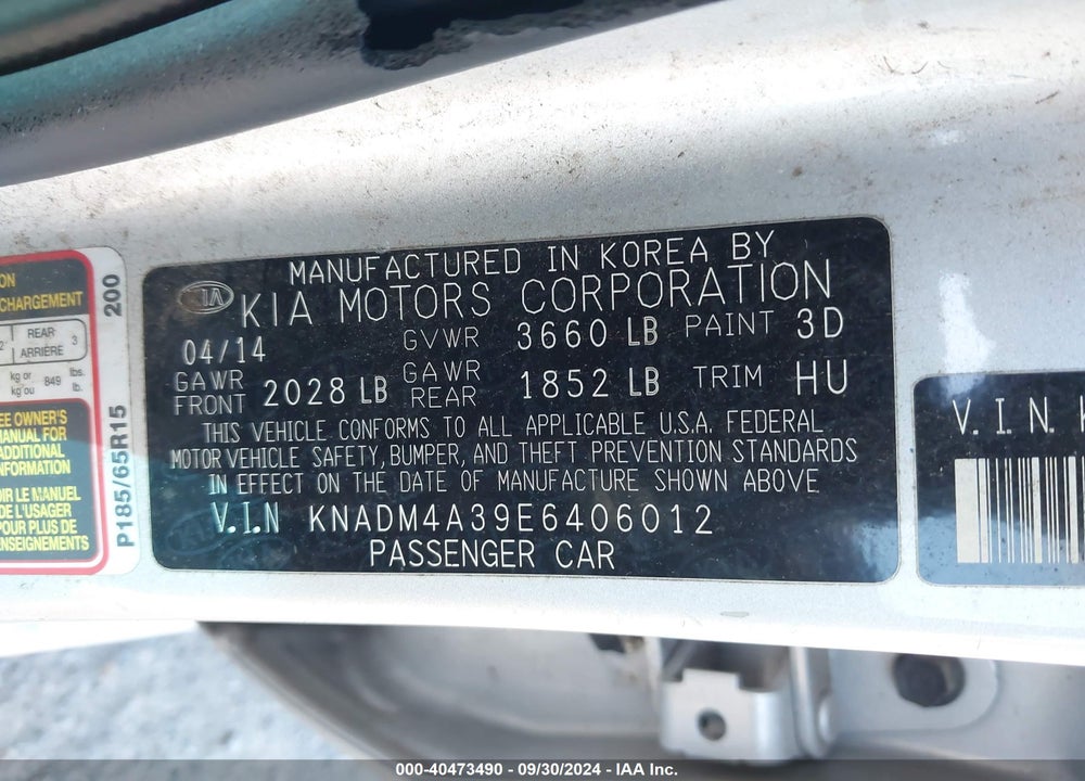 2014 KIA RIO LX VIN: KNADM4A39E6406012