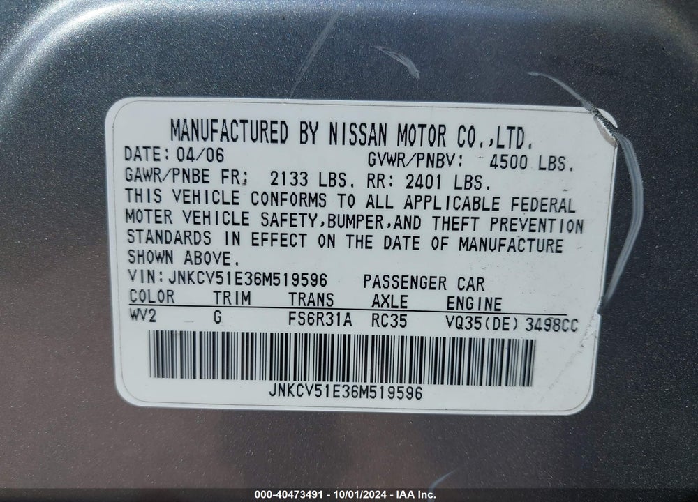 2006 INFINITI G35 VIN: JNKCV51E36M519596