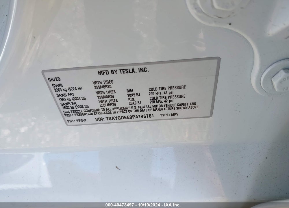 2023 TESLA MODEL Y AWD/LONG RANGE DUAL MOTOR ALL-WHEEL DRIVE VIN: 7SAYGDEE0PA146761