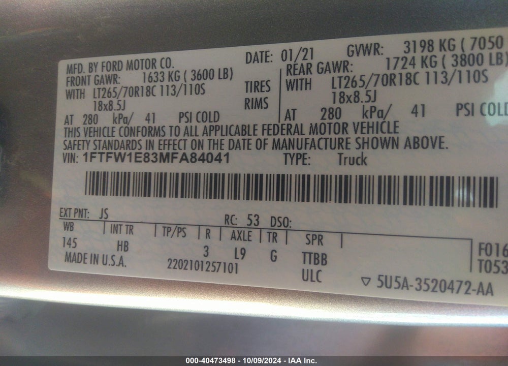 2021 FORD F-150 LARIAT VIN: 1FTFW1E83MFA84041