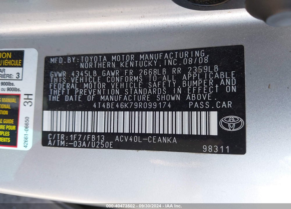 2009 TOYOTA CAMRY LE VIN: 4T4BE46K79R099174