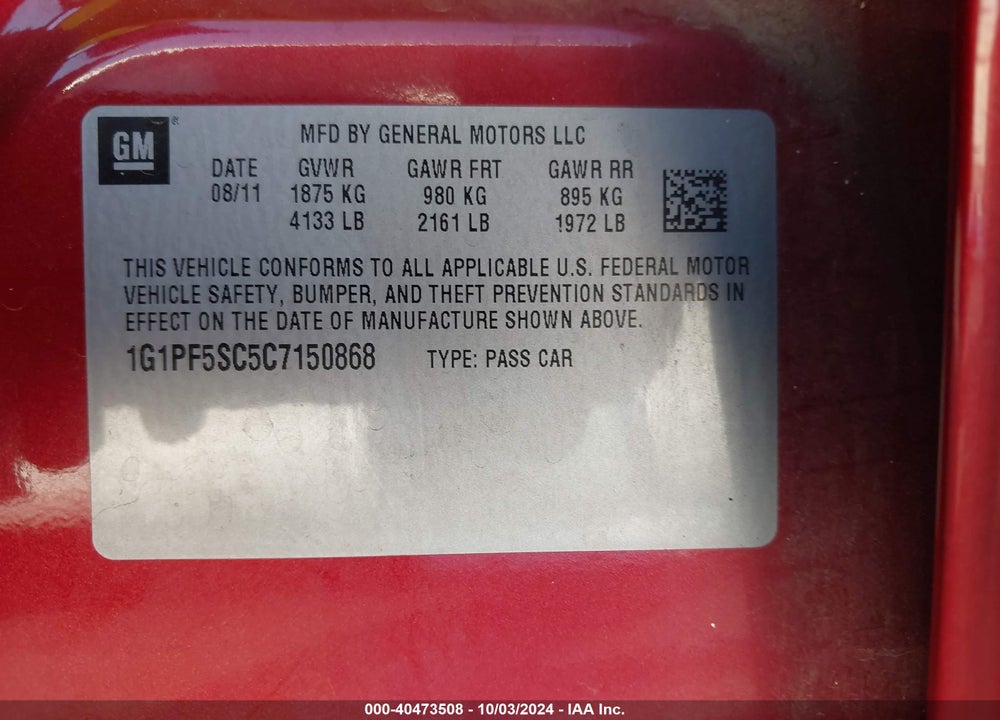 2012 CHEVROLET CRUZE 1LT VIN: 1G1PF5SC5C7150868