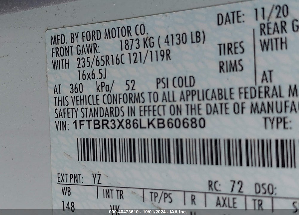 2020 FORD TRANSIT-250 CARGO VAN VIN: 1FTBR3X86LKB60680