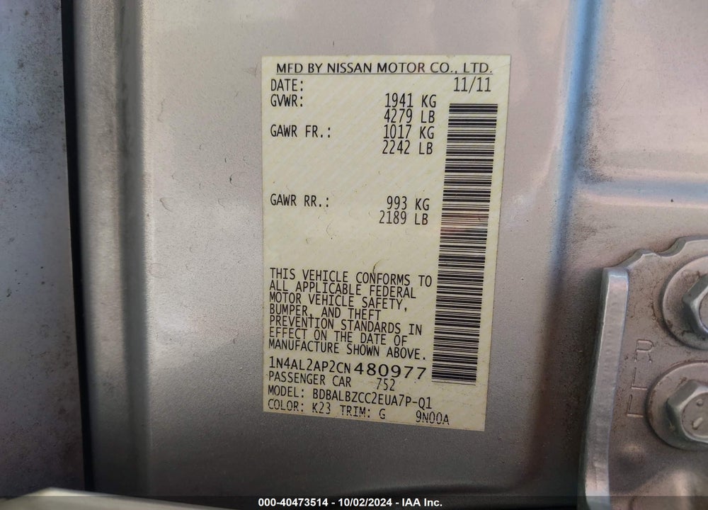2012 NISSAN ALTIMA 2.5 S VIN: 1N4AL2AP2CN480977