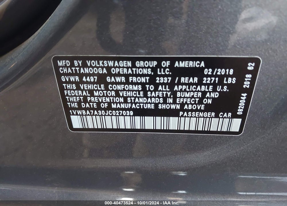 2018 VOLKSWAGEN PASSAT 2.0T SE VIN: 1VWBA7A30JC027039