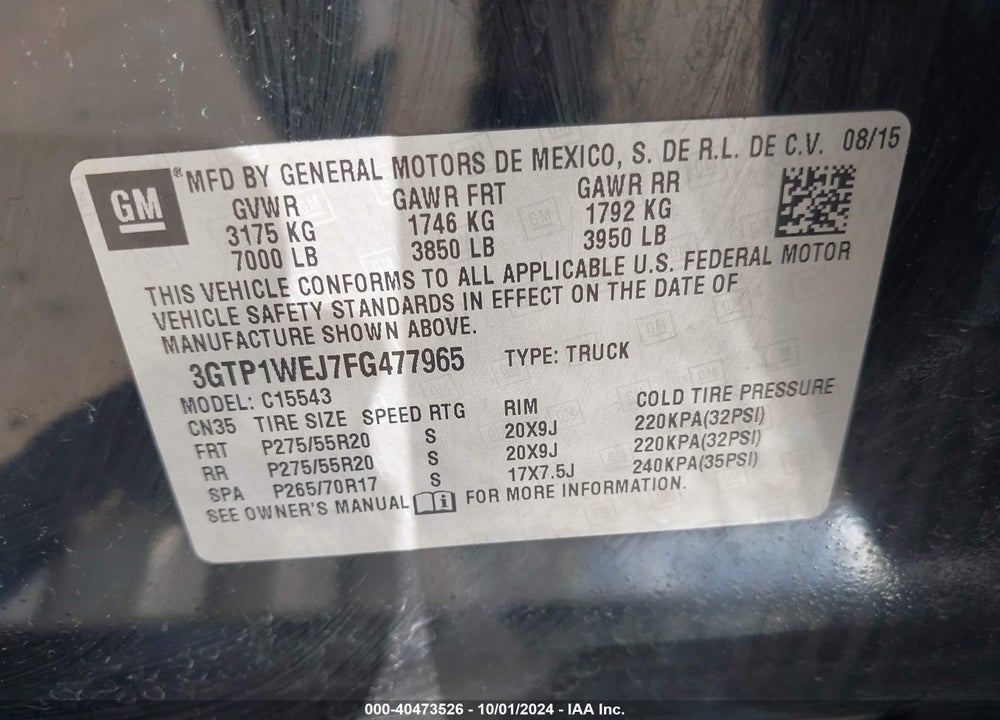 2015 GMC SIERRA 1500 DENALI VIN: 3GTP1WEJ7FG477965