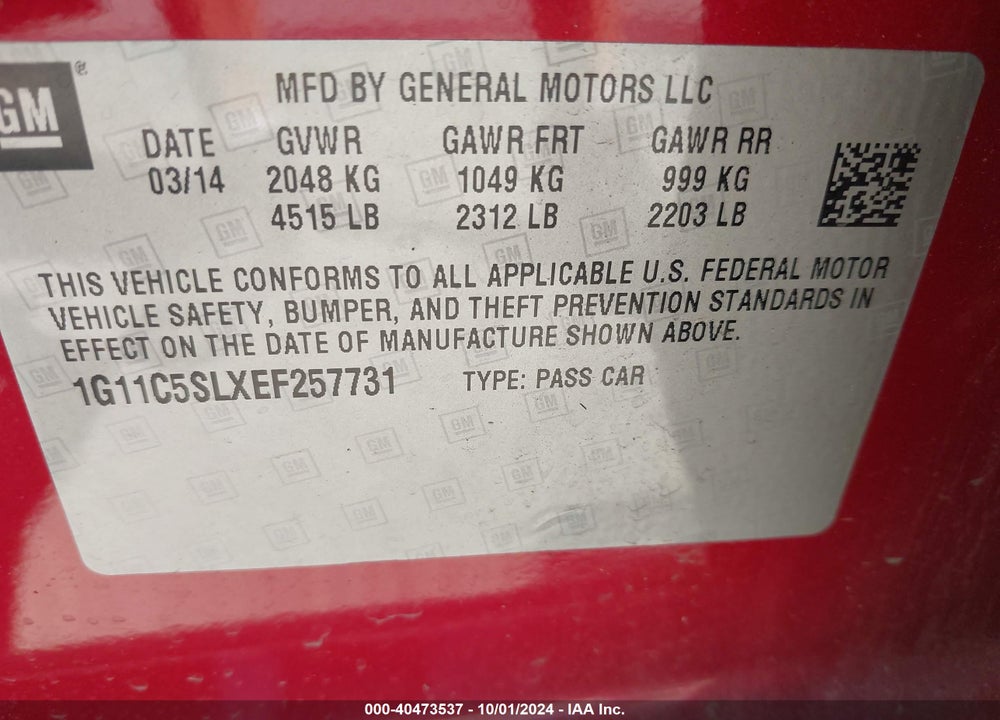 2014 CHEVROLET MALIBU 1LT VIN: 1G11C5SLXEF257731