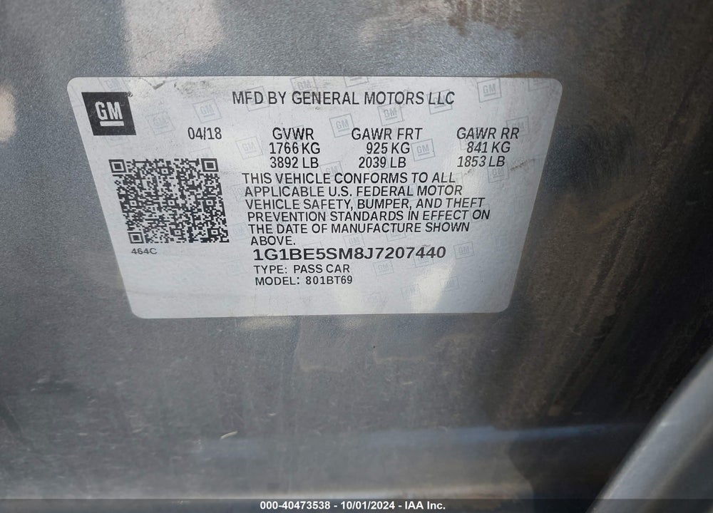 2018 CHEVROLET CRUZE LT AUTO VIN: 1G1BE5SM8J7207440