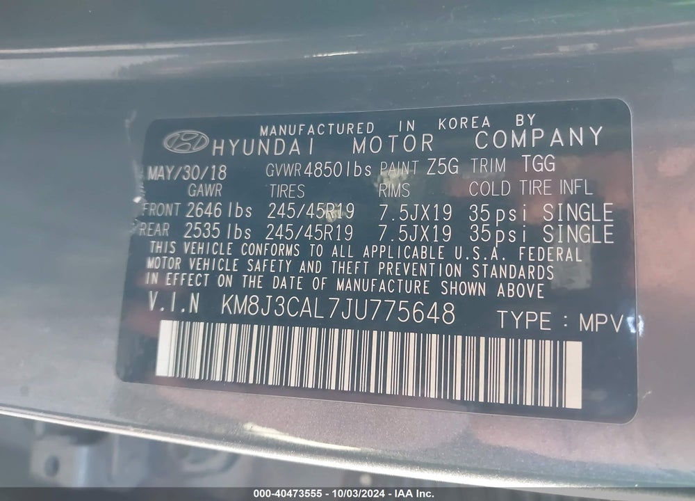 2018 HYUNDAI TUCSON SPORT VIN: KM8J3CAL7JU775648