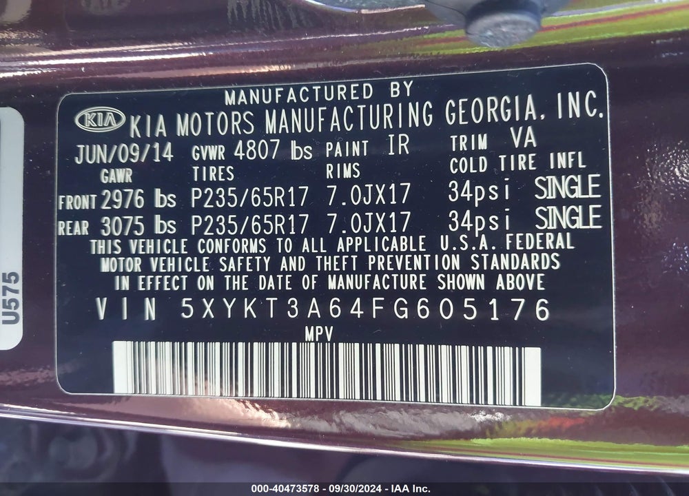 2015 KIA SORENTO LX VIN: 5XYKT3A64FG605176