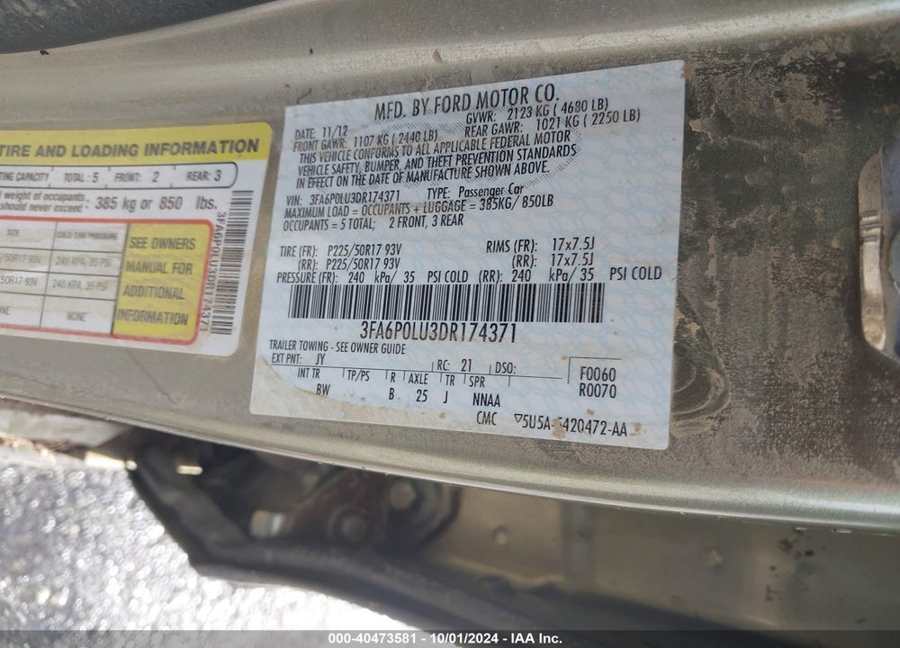 2013 FORD FUSION HYBRID SE VIN: 3FA6P0LU3DR174371