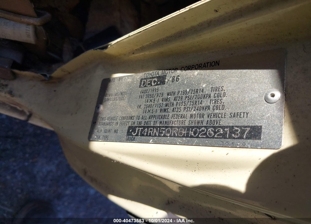1987 TOYOTA PICKUP 1/2 TON RN50 VIN: JT4RN50R8H0262137