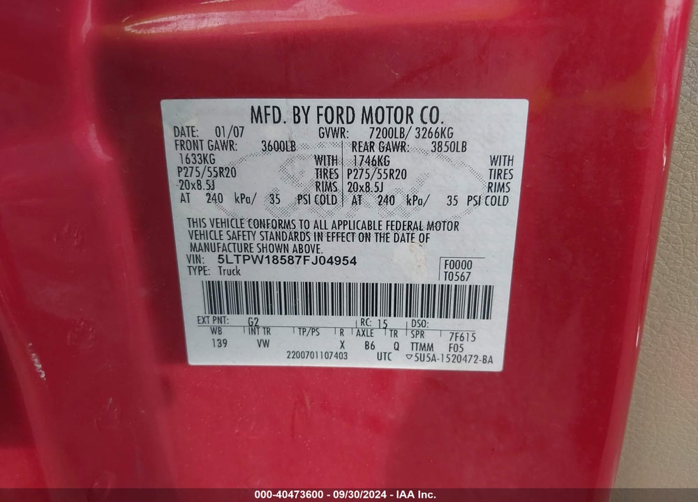2007 LINCOLN MARK LT VIN: 5LTPW18587FJ04954