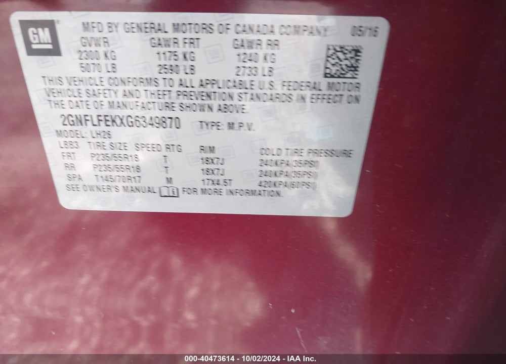 2016 CHEVROLET EQUINOX VIN: 2GNFLFEKXG6349870