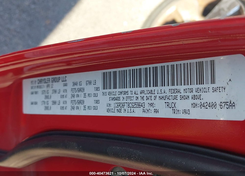 2012 RAM 1500 VIN: 1C6RD6FT8CS259643