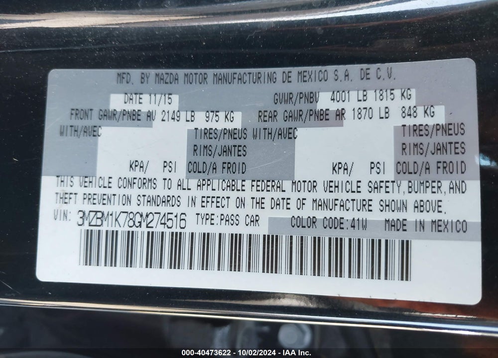 2016 MAZDA 3 I SPORT VIN: 3MZBM1K78GM274516