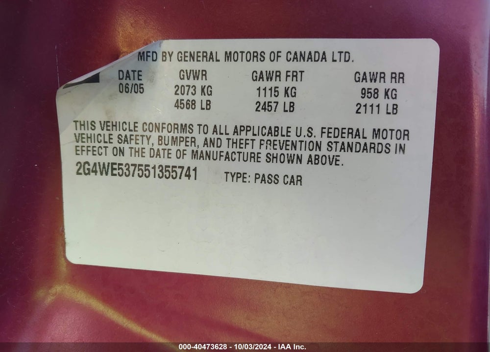2005 BUICK LACROSSE CXS VIN: 2G4WE537551355741