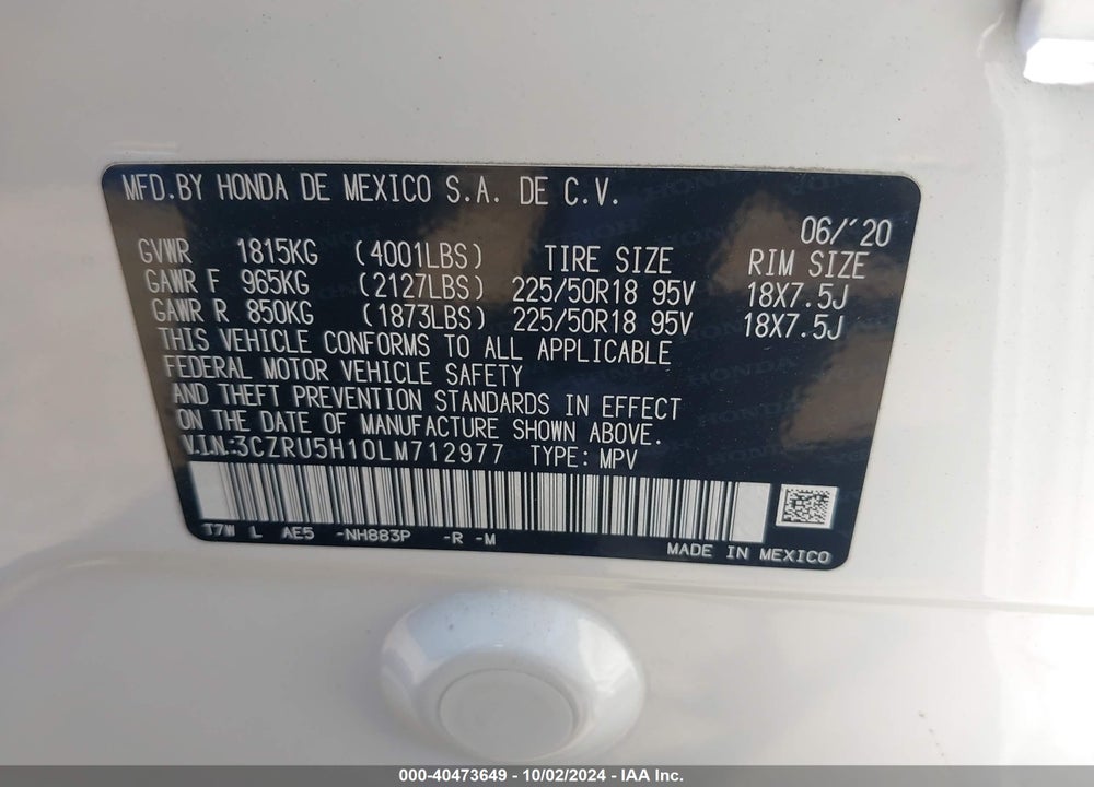 2020 HONDA HR-V 2WD SPORT VIN: 3CZRU5H10LM712977
