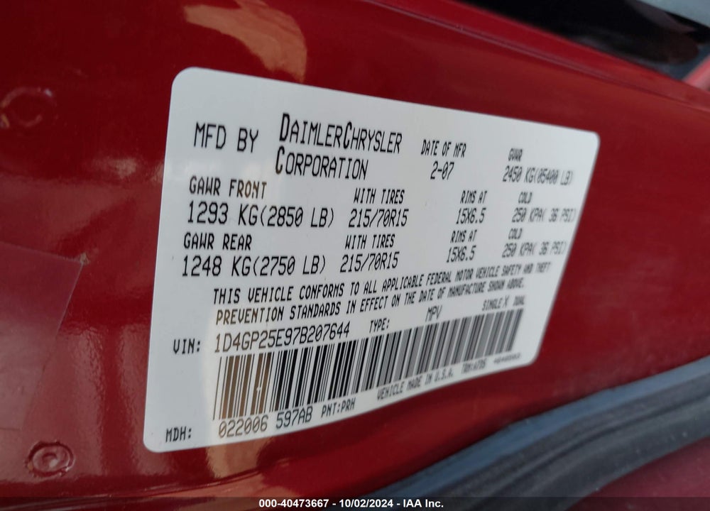 2007 DODGE CARAVAN SE VIN: 1D4GP25E97B207644