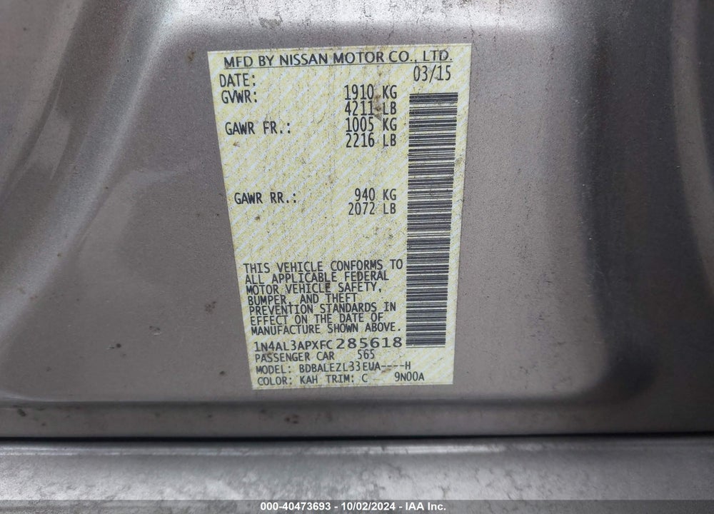 2015 NISSAN ALTIMA 2.5 S VIN: 1N4AL3APXFC285618