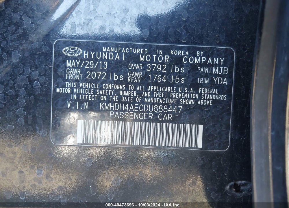 2013 HYUNDAI ELANTRA LIMITED VIN: KMHDH4AE0DU888447