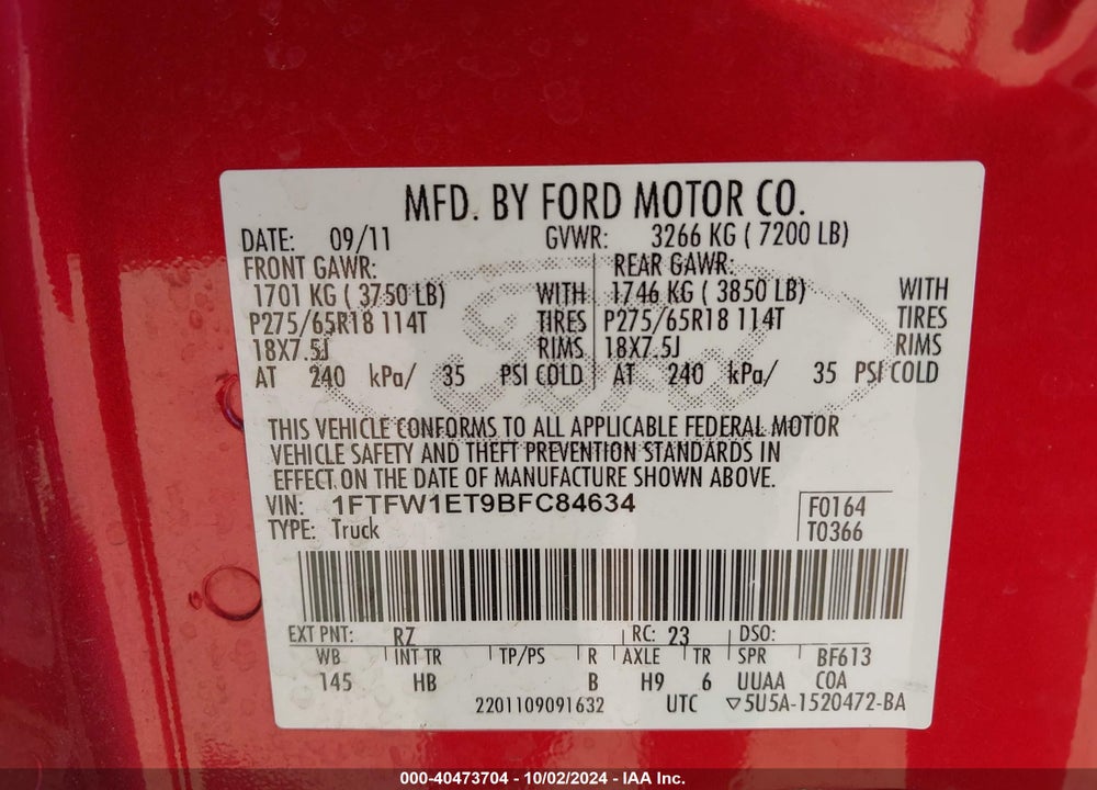 2011 FORD F-150 LARIAT VIN: 1FTFW1ET9BFC84634